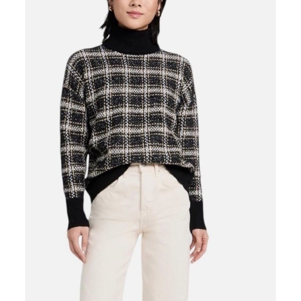 Splendid Sweater Turtleneck Wool Blend Plaid Knit Black Metallic Size Medium